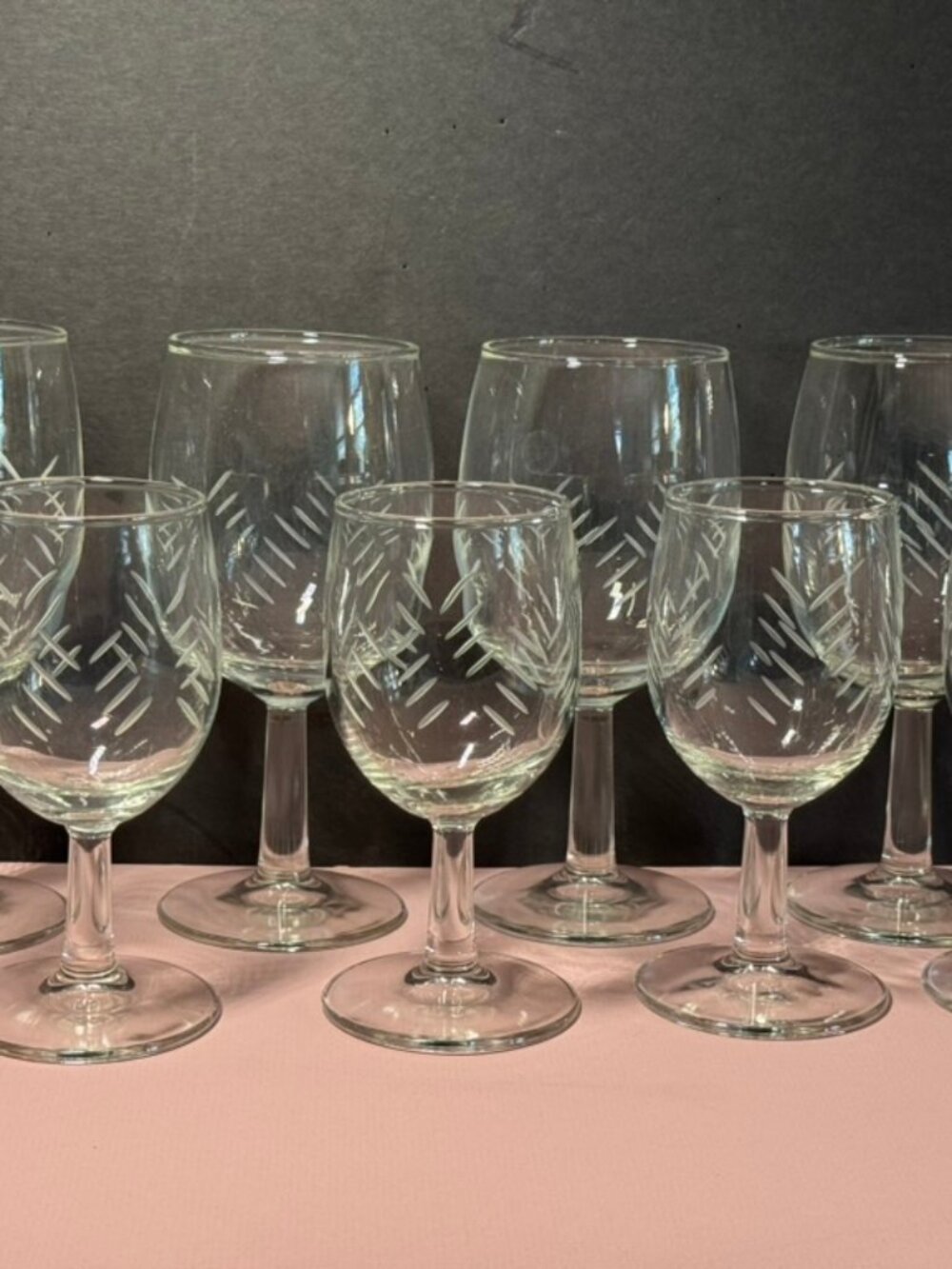 Vtg Javit Crystal Rain Pattern Etched 14 pc Stemware-6 Water Goblets, 8 Wine Ex